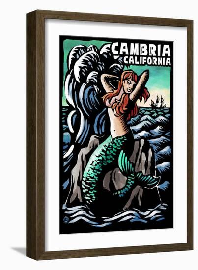Cambria, California - Mermaid - Scratchboard-Lantern Press-Framed Art Print