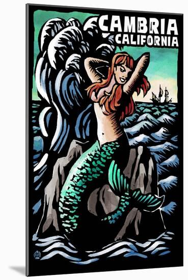 Cambria, California - Mermaid - Scratchboard-Lantern Press-Mounted Art Print