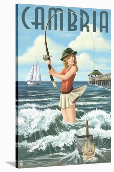 Cambria, California - Pinup Girl Fishing-Lantern Press-Stretched Canvas