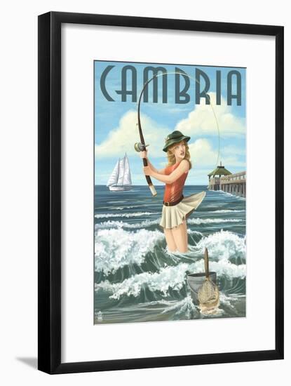 Cambria, California - Pinup Girl Fishing-Lantern Press-Framed Art Print