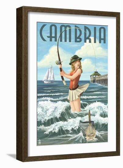 Cambria, California - Pinup Girl Fishing-Lantern Press-Framed Art Print