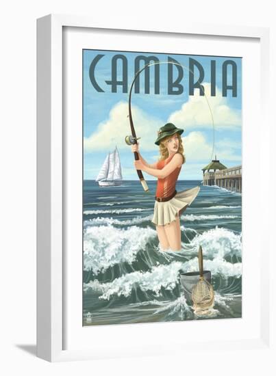 Cambria, California - Pinup Girl Fishing-Lantern Press-Framed Art Print