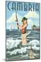 Cambria, California - Pinup Girl Fishing-Lantern Press-Mounted Art Print