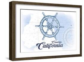 Cambria, California - Ship Wheel - Blue - Coastal Icon-Lantern Press-Framed Art Print