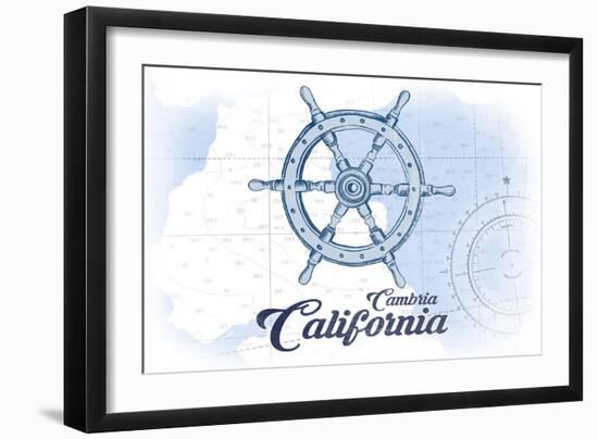 Cambria, California - Ship Wheel - Blue - Coastal Icon-Lantern Press-Framed Art Print