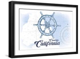 Cambria, California - Ship Wheel - Blue - Coastal Icon-Lantern Press-Framed Art Print