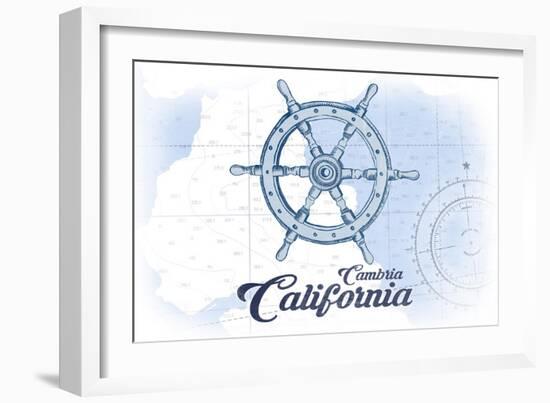 Cambria, California - Ship Wheel - Blue - Coastal Icon-Lantern Press-Framed Art Print