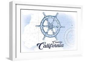 Cambria, California - Ship Wheel - Blue - Coastal Icon-Lantern Press-Framed Art Print