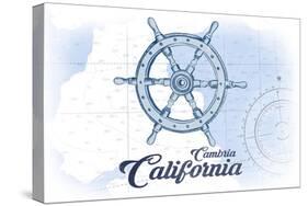Cambria, California - Ship Wheel - Blue - Coastal Icon-Lantern Press-Stretched Canvas