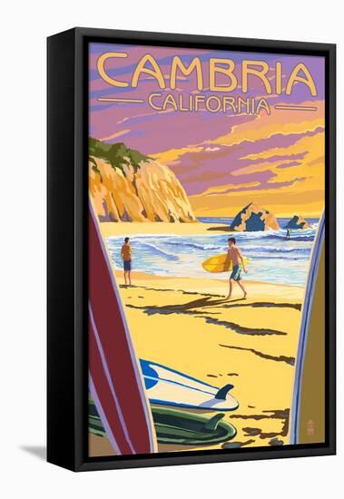 Cambria, California - Surfers at Sunset-Lantern Press-Framed Stretched Canvas