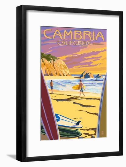 Cambria, California - Surfers at Sunset-Lantern Press-Framed Art Print