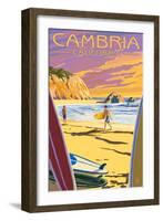 Cambria, California - Surfers at Sunset-Lantern Press-Framed Art Print