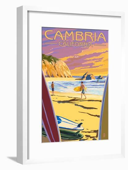 Cambria, California - Surfers at Sunset-Lantern Press-Framed Art Print