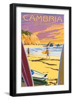 Cambria, California - Surfers at Sunset-Lantern Press-Framed Art Print