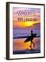 Cambria, California - the Waves are Calling - Surfer and Sunset-Lantern Press-Framed Art Print