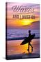 Cambria, California - the Waves are Calling - Surfer and Sunset-Lantern Press-Stretched Canvas