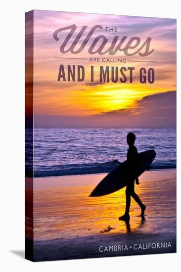 Cambria, California - the Waves are Calling - Surfer and Sunset-Lantern Press-Stretched Canvas