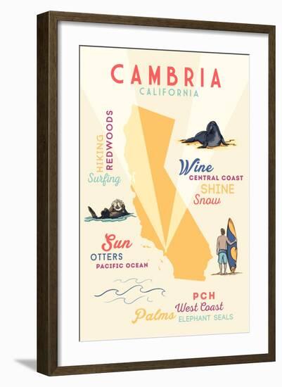 Cambria, California - Typography and Icons-Lantern Press-Framed Art Print