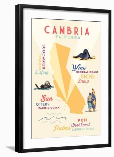 Cambria, California - Typography and Icons-Lantern Press-Framed Art Print