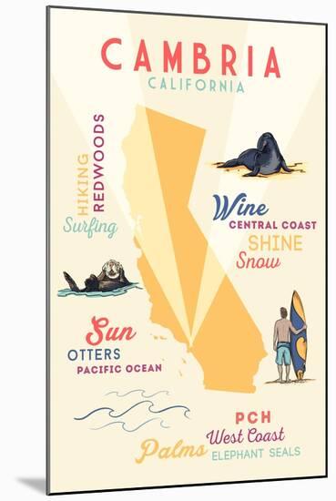 Cambria, California - Typography and Icons-Lantern Press-Mounted Art Print