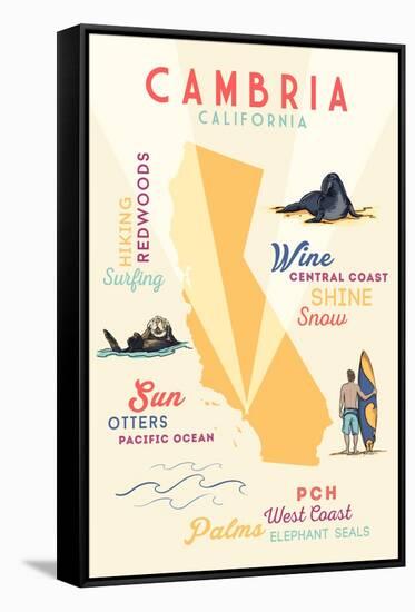 Cambria, California - Typography and Icons-Lantern Press-Framed Stretched Canvas