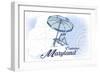 Cambridge, Maryland - Beach Chair and Umbrella - Blue - Coastal Icon-Lantern Press-Framed Art Print