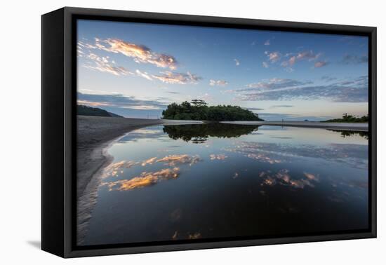 Camburi Beach and a Small Island Reflected in a River Entering the Ocean-Alex Saberi-Framed Stretched Canvas