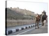 Camel and Elephant Walking Past Amber Fort, Amber, Rajasthan, India, Asia-Annie Owen-Stretched Canvas