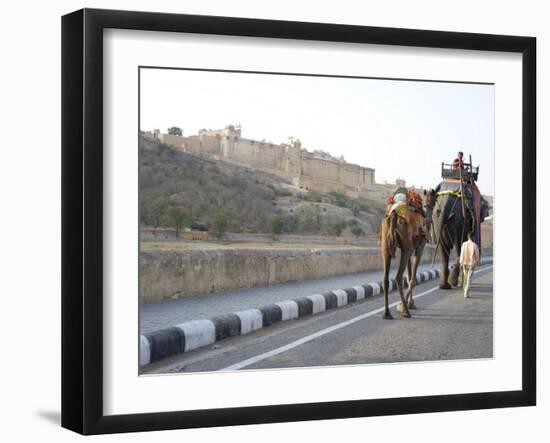 Camel and Elephant Walking Past Amber Fort, Amber, Rajasthan, India, Asia-Annie Owen-Framed Photographic Print