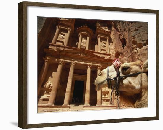 Camel and Low Angle View of the Khazneh, Petra, Jordan-Neale Clarke-Framed Photographic Print