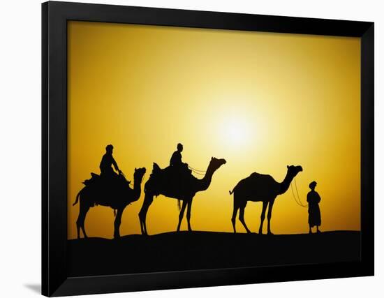 Camels and camel driver silhouetted at sunset, Thar Desert, Jodhpur, India-Adam Jones-Framed Premium Photographic Print