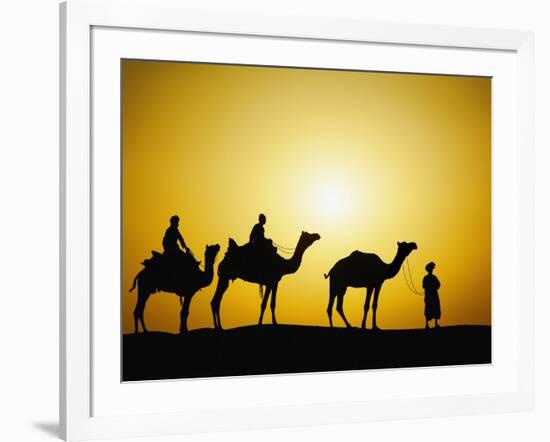 Camels and camel driver silhouetted at sunset, Thar Desert, Jodhpur, India-Adam Jones-Framed Photographic Print