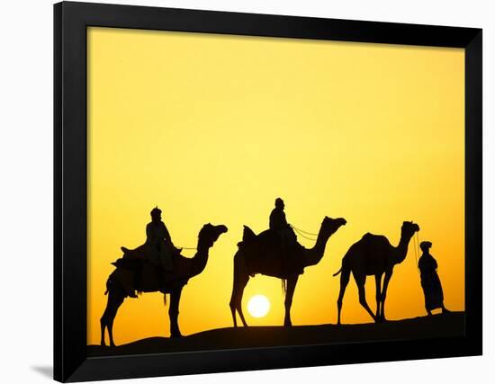 Camels and camel driver silhouetted at sunset, Thar Desert, Jodhpur, India-Adam Jones-Framed Premium Photographic Print