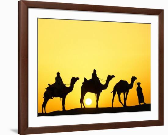 Camels and camel driver silhouetted at sunset, Thar Desert, Jodhpur, India-Adam Jones-Framed Photographic Print