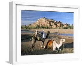 Camels by Riverbank with Kasbah Ait Benhaddou, Unesco World Heritage Site, in Background, Morocco-Lee Frost-Framed Photographic Print