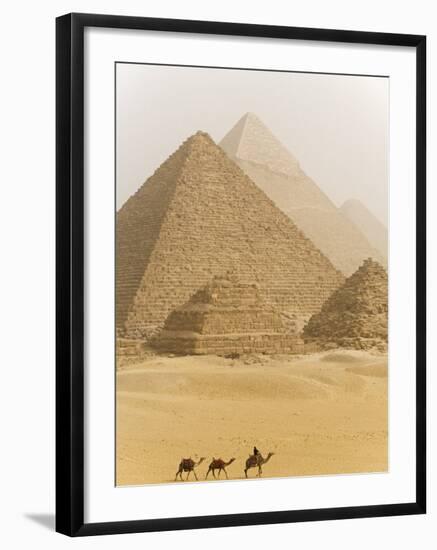 Camels Pass in Front of the Pyramids at Giza, Egypt-Julian Love-Framed Photographic Print