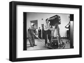 Cameraman Nick Luppino Honing in TV Camera During 1st Broadcast at Newly Opened WICV-TV Station-Ralph Morse-Framed Photographic Print