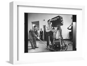 Cameraman Nick Luppino Honing in TV Camera During 1st Broadcast at Newly Opened WICV-TV Station-Ralph Morse-Framed Photographic Print