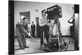 Cameraman Nick Luppino Honing in TV Camera During 1st Broadcast at Newly Opened WICV-TV Station-Ralph Morse-Stretched Canvas