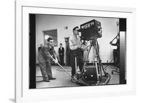 Cameraman Nick Luppino Honing in TV Camera During 1st Broadcast at Newly Opened WICV-TV Station-Ralph Morse-Framed Photographic Print