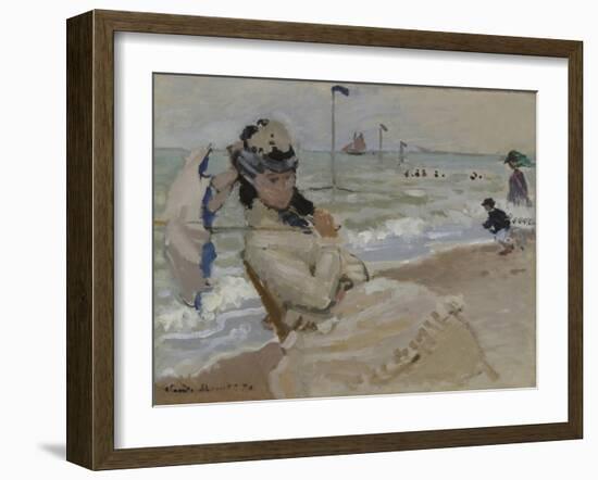 Camille on the Beach in Trouville, 1870-Claude Monet-Framed Giclee Print