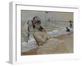 Camille on the Beach in Trouville, 1870-Claude Monet-Framed Giclee Print