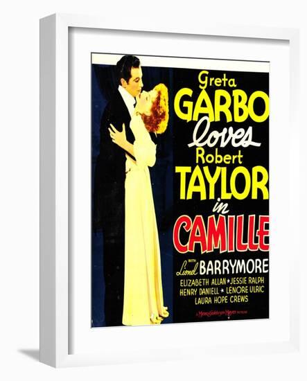 Camille, Robert Taylor, Greta Garbo on window card, 1936-null-Framed Art Print