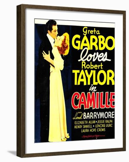 Camille, Robert Taylor, Greta Garbo on window card, 1936-null-Framed Art Print