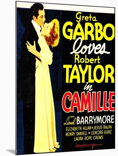 Camille, Robert Taylor, Greta Garbo on window card, 1936-null-Mounted Art Print