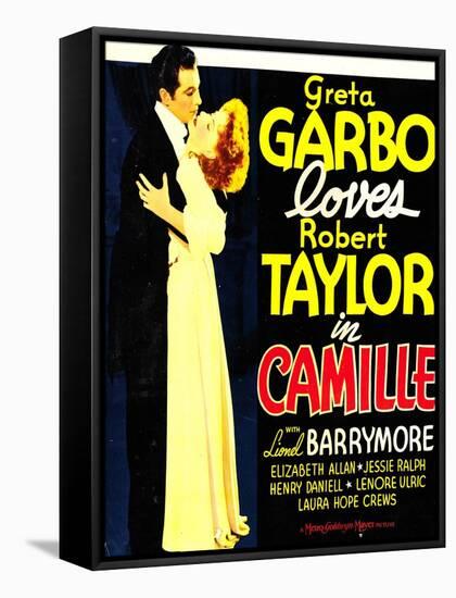 Camille, Robert Taylor, Greta Garbo on window card, 1936-null-Framed Stretched Canvas