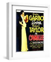 Camille, Robert Taylor, Greta Garbo on window card, 1936-null-Framed Art Print