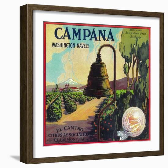 Campana Orange Label - Claremont, CA-Lantern Press-Framed Art Print