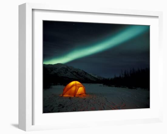 Camper's Tent Under Curtains of Green Northern Lights, Brooks Range, Alaska, USA-Hugh Rose-Framed Premium Photographic Print