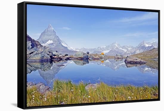 Camping at a Lake Near the Matterhorn, 4478M, Zermatt, Valais, Swiss Alps, Switzerland, Europe-Christian Kober-Framed Stretched Canvas